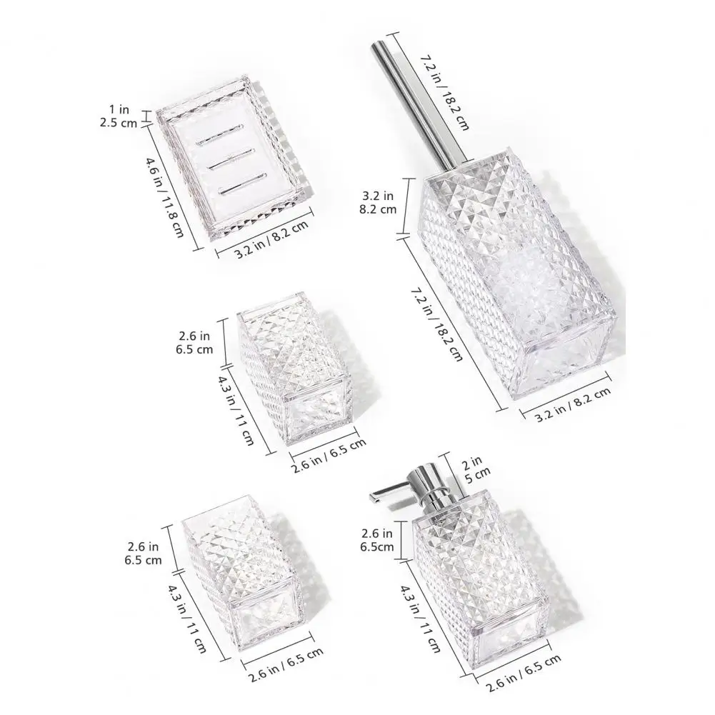 5Pcs/Set Bathroom Supplies Set Soap Dish Toothbrush Holder Mouthwash Cup Lotion Dispenser Toilet Brush Transparent Rhombus Appea