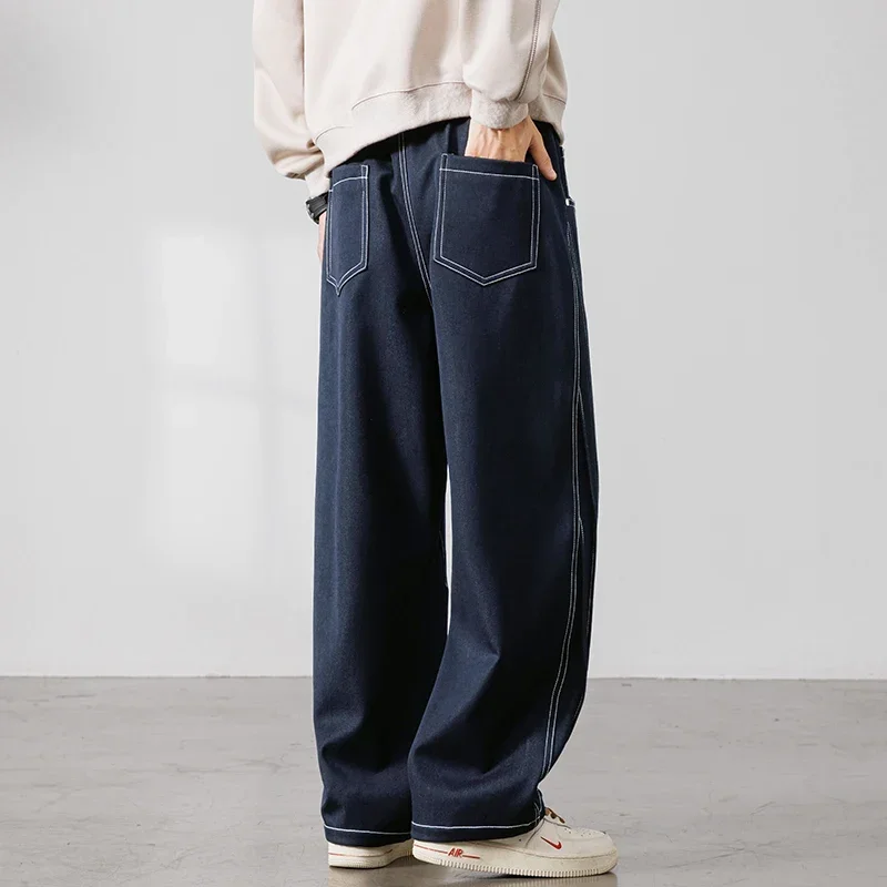 Men's Cargo Sweatpants Baggy Pants with Pockets Men's Vintage Cotton Wide Leg Pants Baggy Curved Seam Belted Trousers