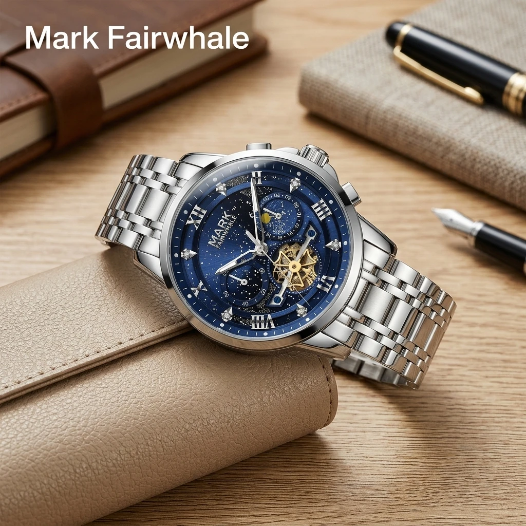 Mark Fairwhale Automatic Mechanical Wristwatch for Men Skeleton Chronograph Stainless Steel Luminous Waterproof Watch