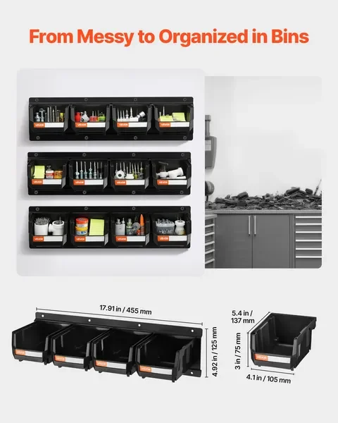 Wall Mounted Storage Bins, 12 Plastic Bins & 3 Metal Rails, Plastic Hanging Stackable Storage Bin for Screws, Nuts, Bolts