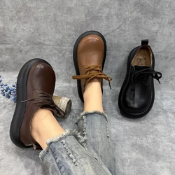 Birkuir Retro Women Flat Platform Shoes Luxury Slip On Soft Lace Up Casual Shoes 2025 Genuine Leather Big Head Shoes Thick Heels