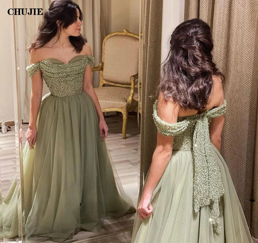 Sequins Sage Color Prom Dresses for Women Handmade A Line Luxury Tulle Woman Party Dress Elegant Evening Celebrity Robe Gowns