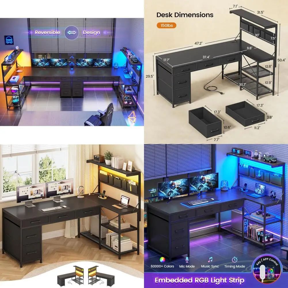 

Черный L-образный игровой стол с 5 ящиками, полками для хранения, светодиодной подсветкой, розетками и переставляемой книжной полкой/для домашнего офиса