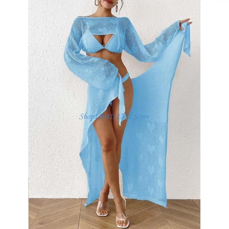

P9FC Long Knit Beach Coverp Обертка с боковым галстуком для женщин Long Hollow Crochet пляжная пляжная юбка длинная вязаная