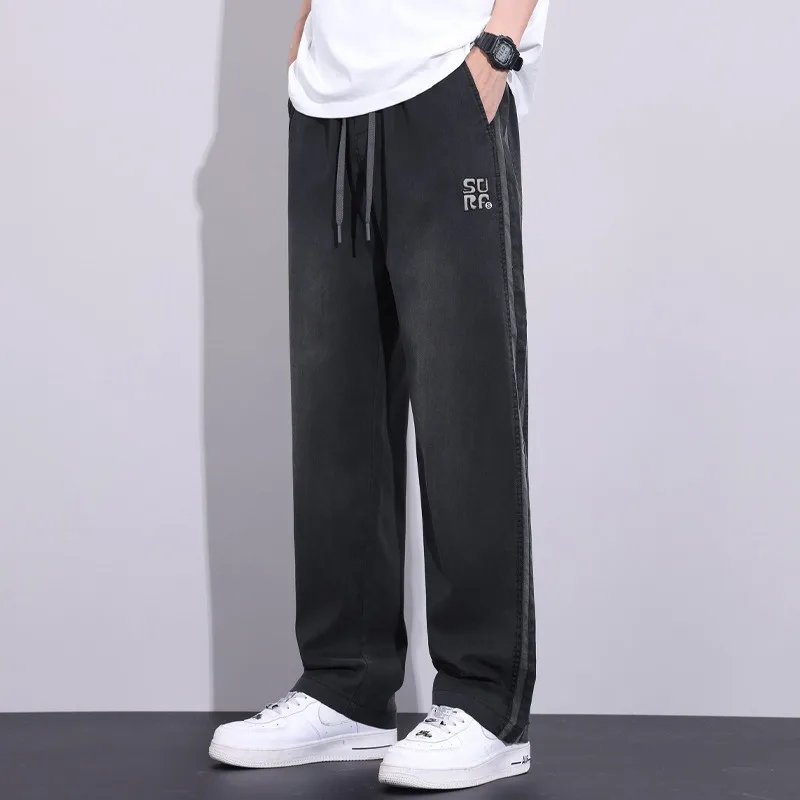 Men Black Casual Pants Sports Wide-legged Trouser Man Clothing Sweatpants Straight Baggy Breathable Loose Thin Solid New