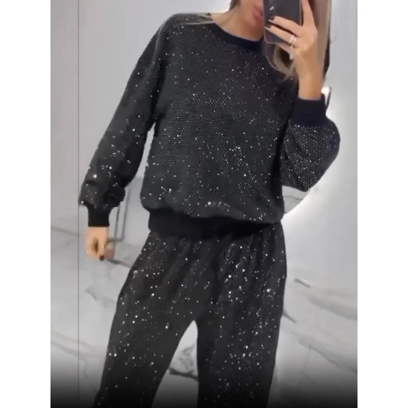 Sequined Loose Fit Top Pullover and Wide Leg Pants Outfits 2 Piece hoodie set