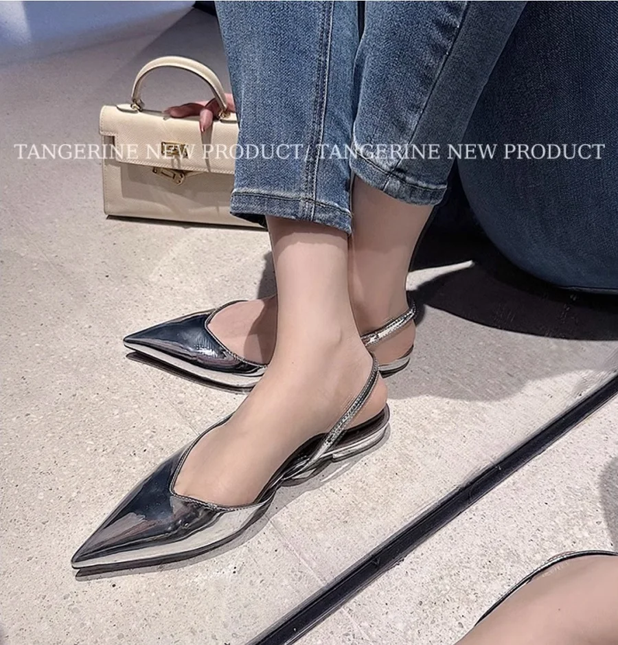 Women Slingbacks Silver Pointed Toe Flat Heel Elegant Ladies Fashion Laser Shoes Spring Autumn Flats Size 41