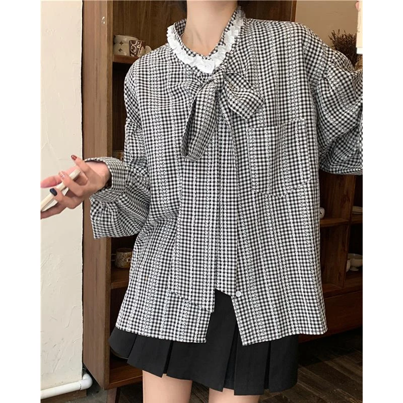 Lace Patchwork Plaid Shirt Tops Spring New Long Sleeve Bow Lacing Loose All-match Korean Blouse Casual Fashion Women Clothing