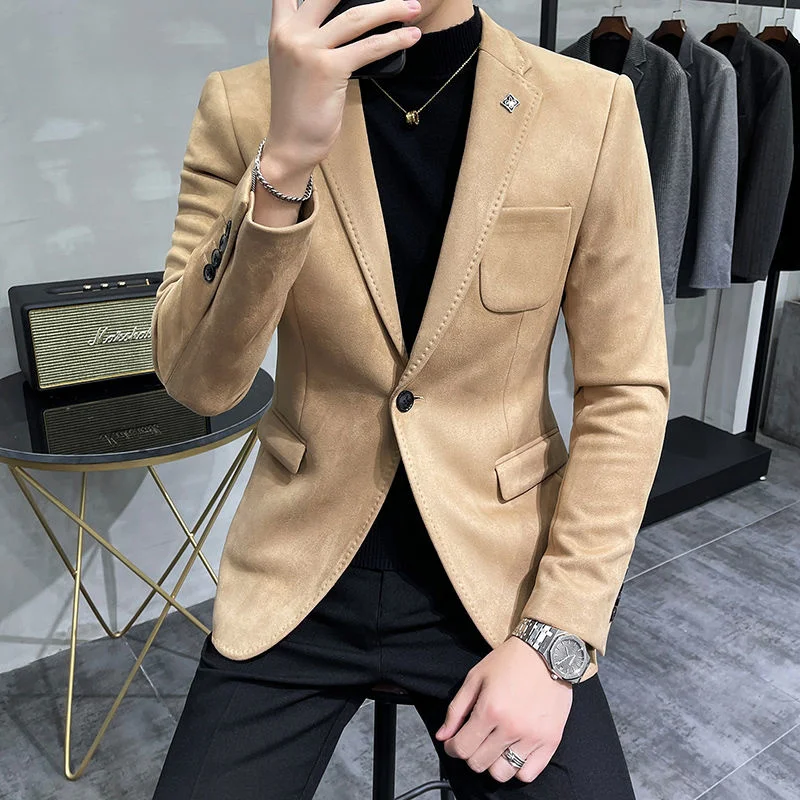 Deerskin Leather Jacket Blazer Men Casual Slim Fit Blazer Hombre Suit Leather Jacket Men Terno Masculino Men Clothing 6 Color