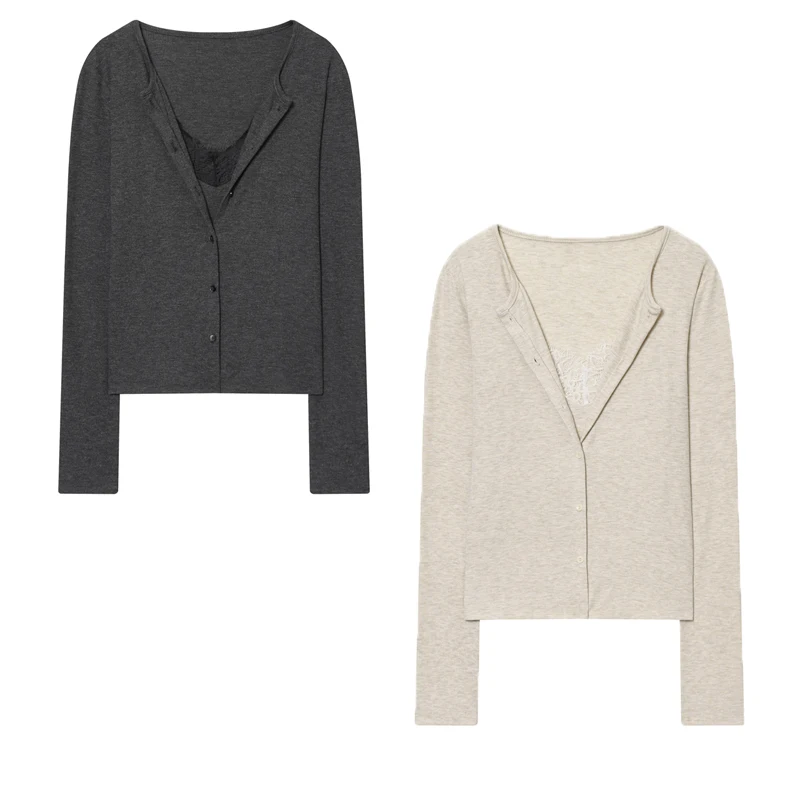 2025 Autunno Nuovo Arrivo delle Donne Falso in Due Pezzi in Pizzo Trim Scollo a V Manica Lunga Morbida Maglia Slim Fit Elegante Casual Maglione Camicia Magliette e camicette