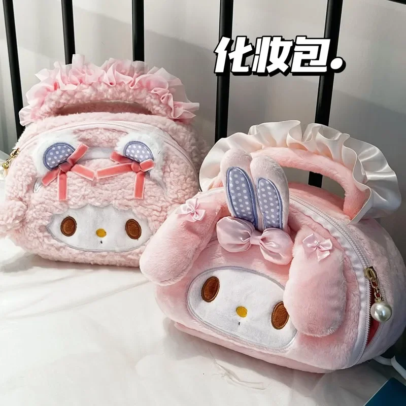 حقيبة مستحضرات التجميل من القطيفة من My Melody Sweet Piano ذات سعة كبيرة، حقيبة مكياج محمولة، حقيبة يد جميلة، حقيبة سفر كاواي للاستخدام اليومي للفتيات