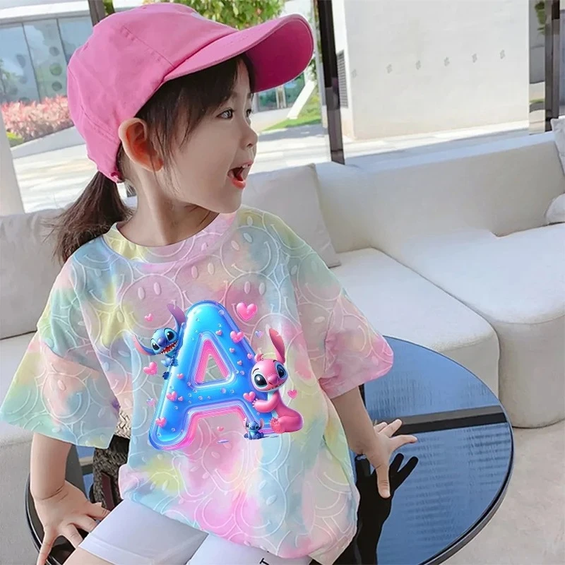 

Lilo Stitch Children's Short-sleeved suit boys girls 26 letters cartoon pure cotton breathable short sleeved printed summer tops