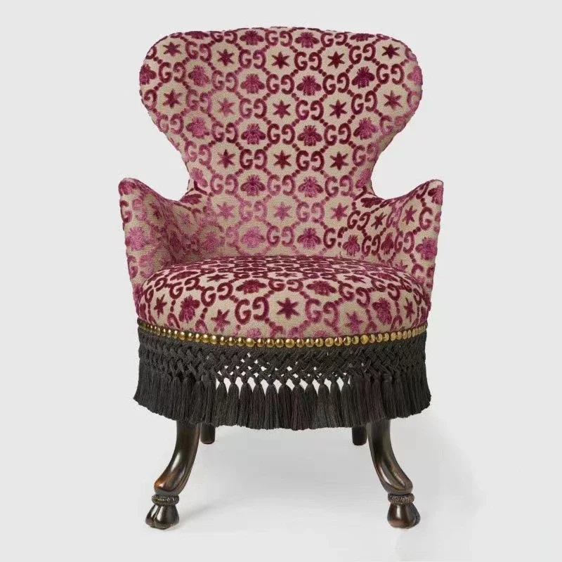 Solid wood jacquard flower cloth living room hotel bed and breakfast restaurant studio single leisure fringed sofa chair