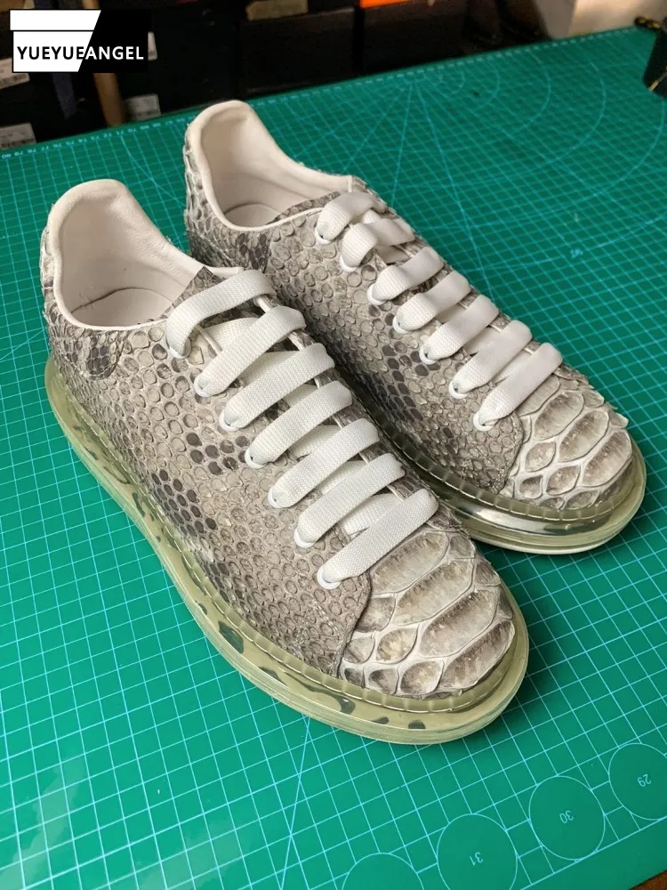 

High Quality Handmade Real Snakeskin Skateboard Shoes Casual Lace Up Thick Platform Sneakers Male Low Cut Genuine Leather Shoes