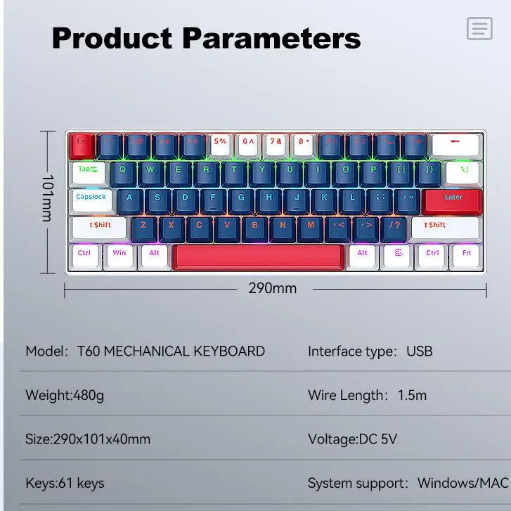 T-WOLF T60 Type-C Wired Mechanical Keyboard, Full Key Hot Swappable Switch, Key Line Separation Design, Mixed Color Keycaps, RGB