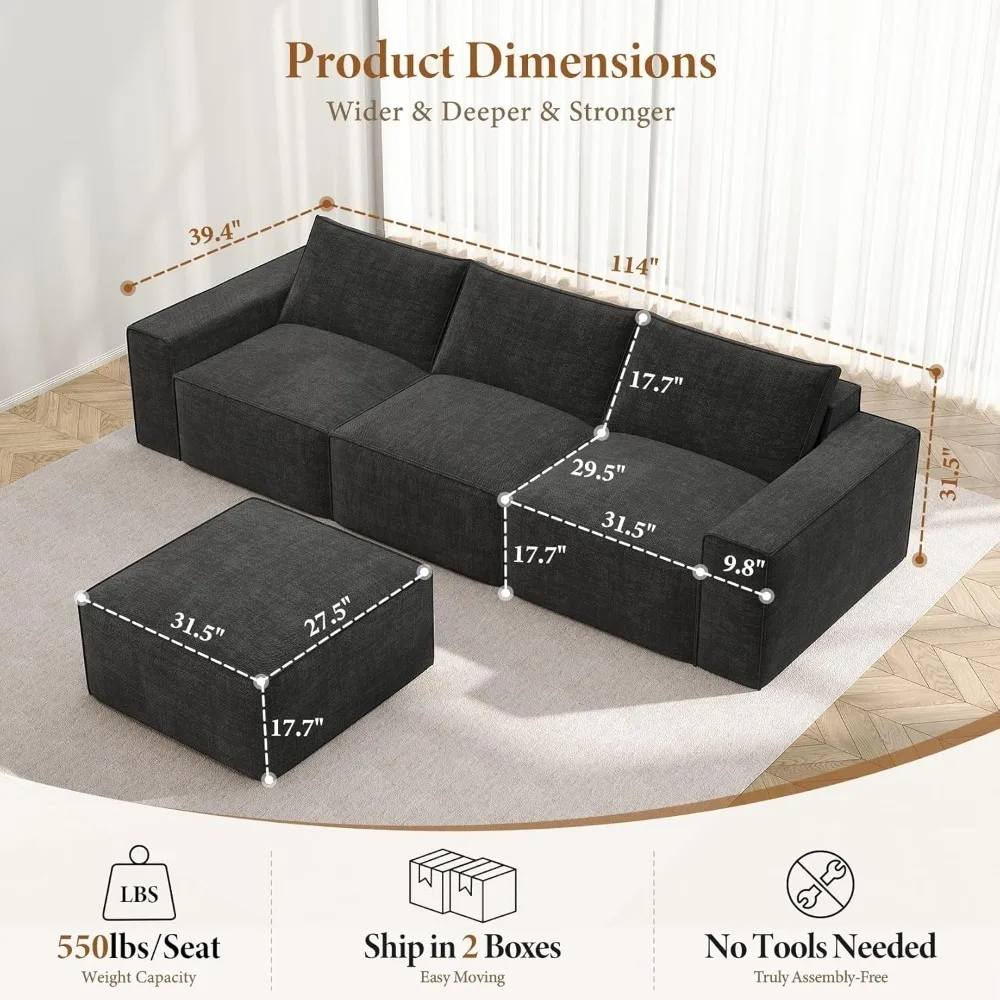 

114" Modular Boneless Couch, Modern 3 Seater Sectional Sofa with Ottoman & Deep Seat, Convertible Chenille L Shaped, Customized