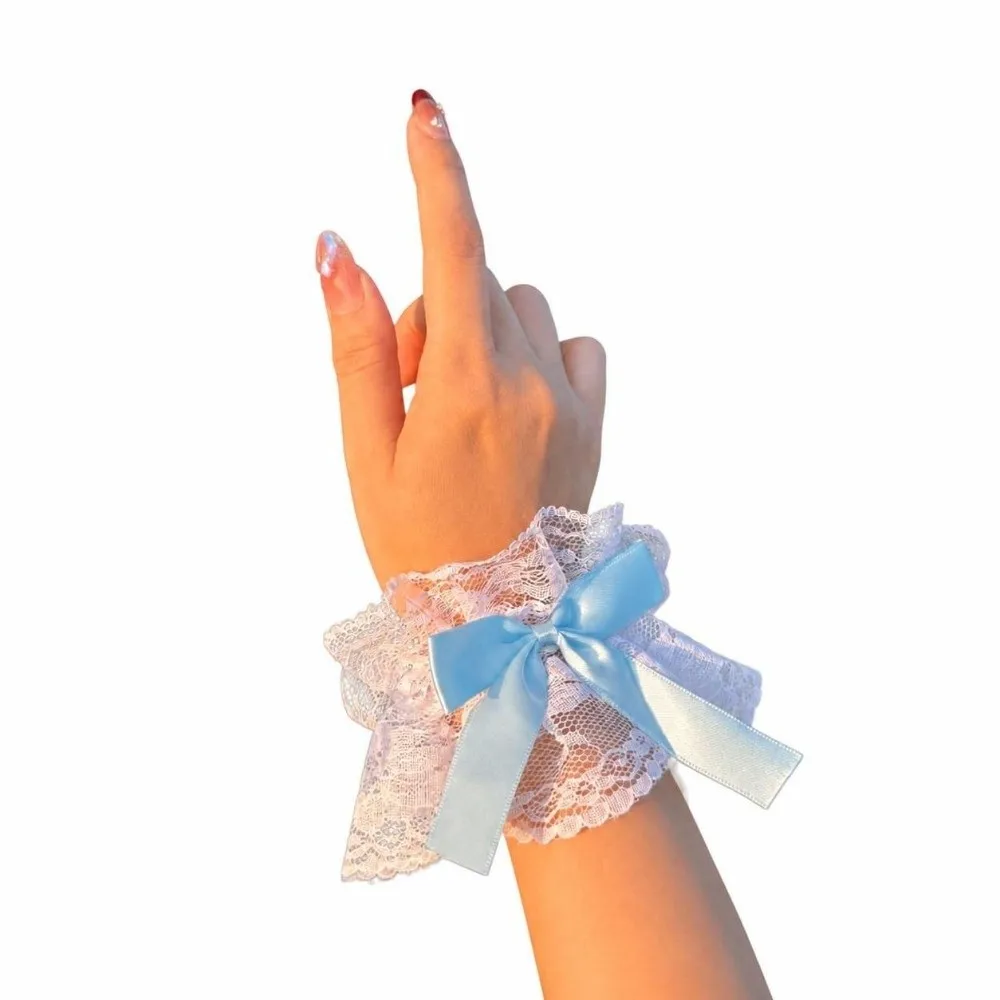 Ruffled Lace Hand Sleeve Cuffs Lolita Floral Tulle Fake Sleeve Gloves Sweet Satin Bowknot Cosplay Wristband Wrist Accessories