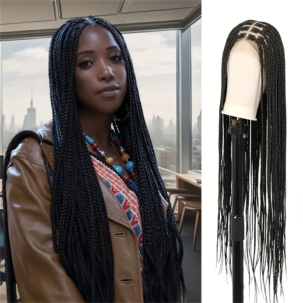 36inch Black Full Lace Box Braided Wigs For Black Women, Knotless, Synthetic Heat Resistant Twist Braided Lace Wigs