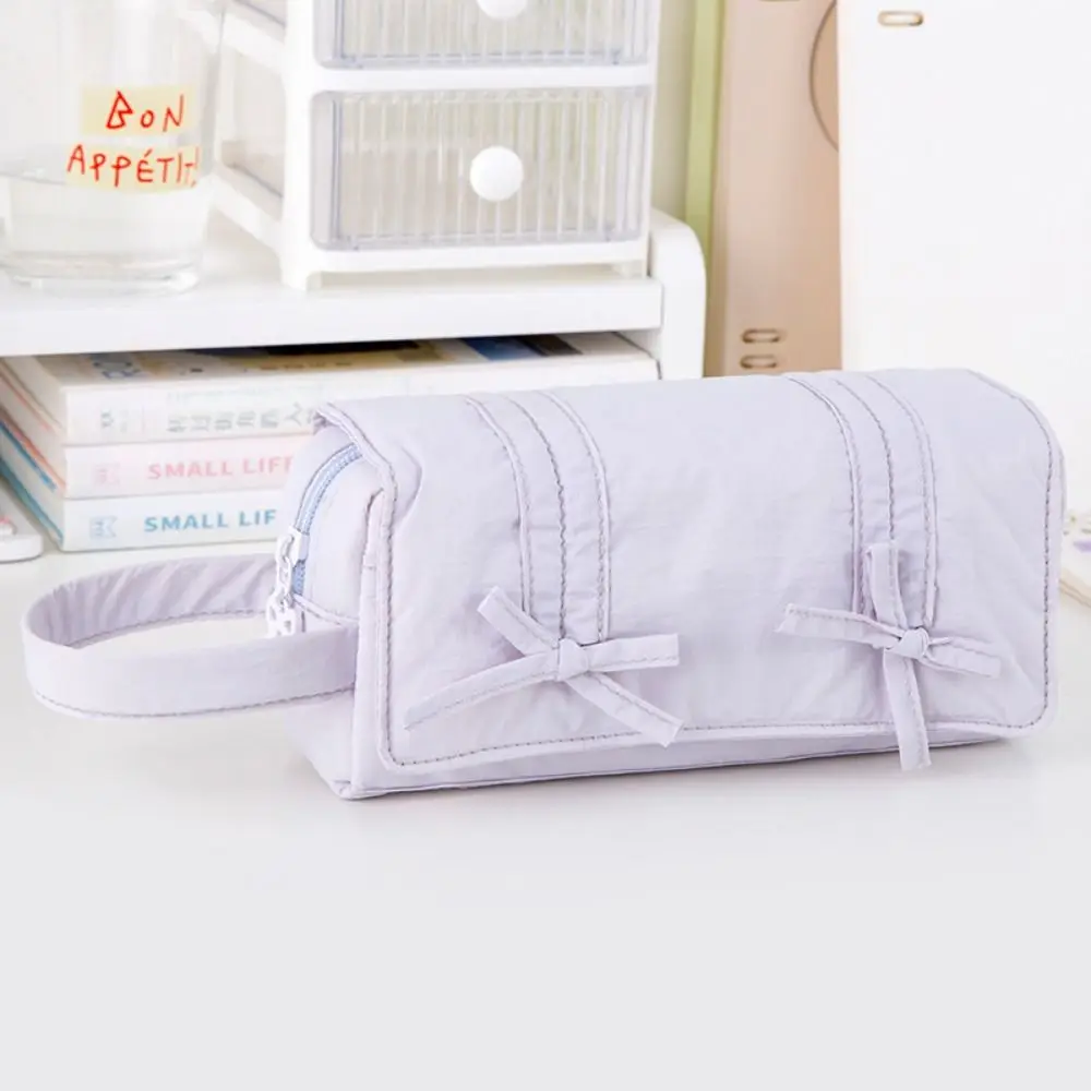 Portable Sweet Pencil Case Three Layers Bow Pencil Pouch Canvas Large Capacity Stationery Storage Bag School