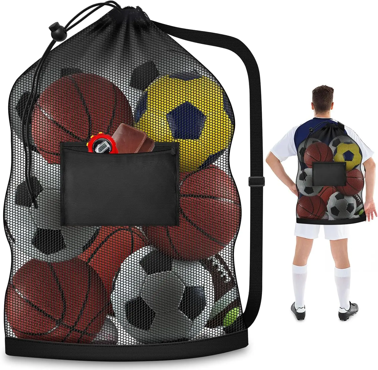 

24"x36" Heavy Duty Mesh Ball Bag Holds 8-10 Soccer, Basketball, Volleyball, Football with Shoulder Strap & Pocket