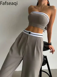 Sexy Women's Tracksuit with Boob Tube Top Slash Neck Contrast Color Wide Leg Trousers Sports Suit for Women Two Piece Set Outfit