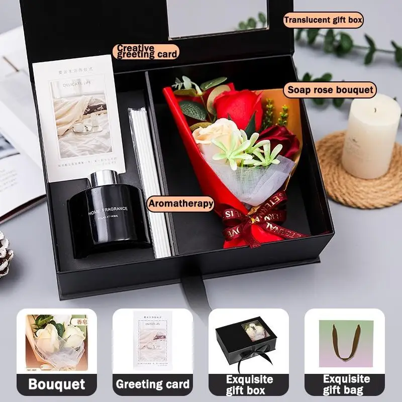 Bouquet Of Roses Soap Flower Gift Box Valentine's Day Gift Fireless Aromatherapy Set For Girlfriend