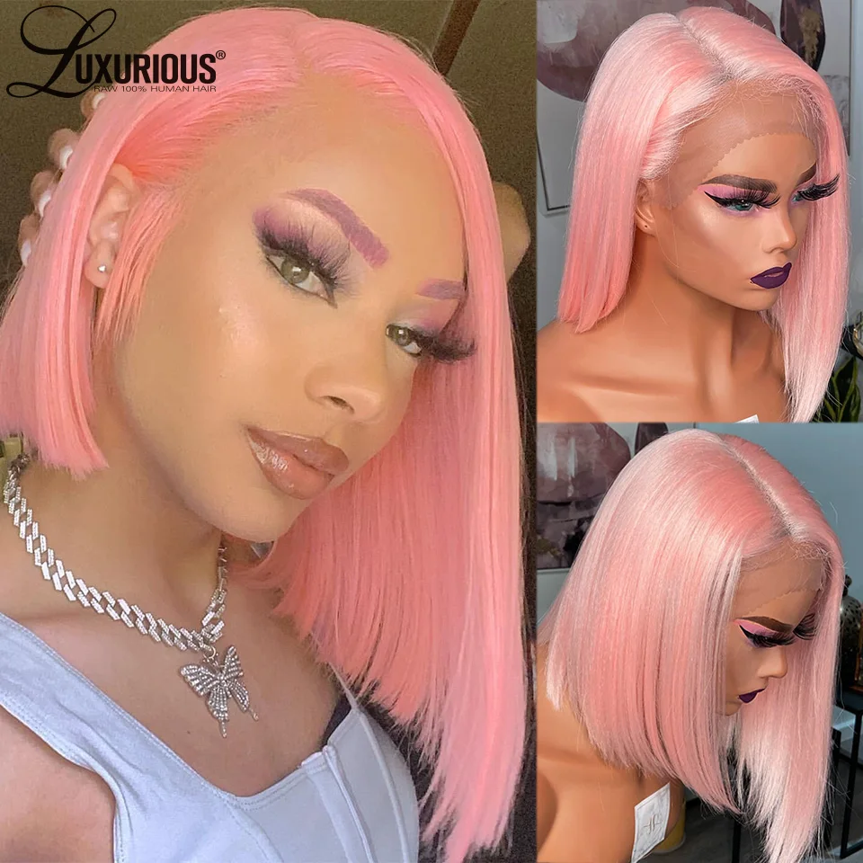 

13×4 Short Pink Straight Bob Wigs Brazilian Virgin Remy Human Hair Wigs For Women Pre Plucked Hd Transparent Lace Frontal Wig