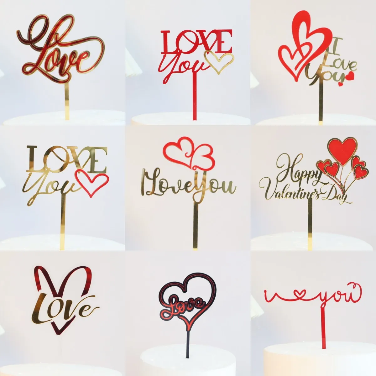 

New Happy Valentine's Day Cake Topper Gold Acrylic Red Love You Forever Wedding CupcakeTopper for Wedding Party Cake Decorations