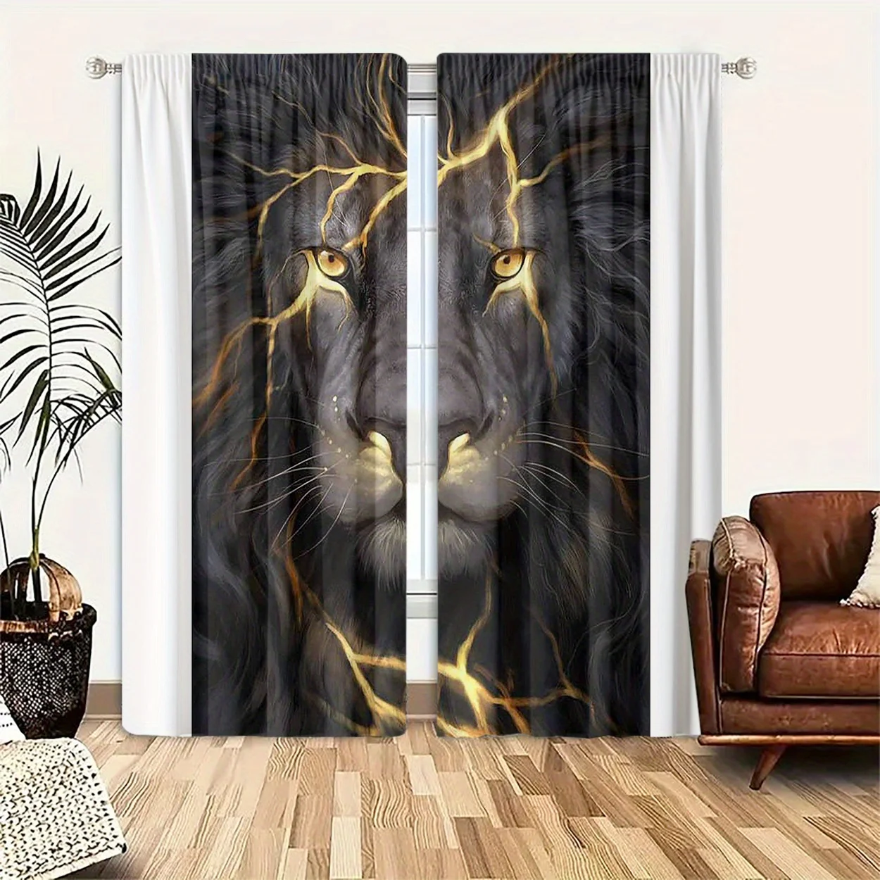 Golden Vein Black Lion Theme Curtain 2 Panels Majestic Lion Face Bright Amber Eyes Dark Base Living Room Luxury Modern Home