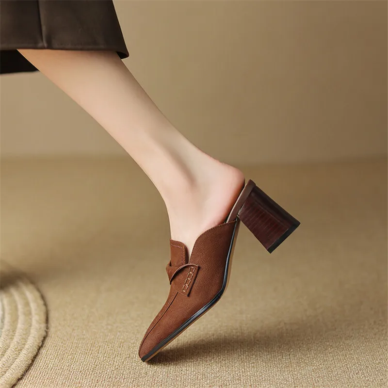 2023 Summer Women Shoes Genuine Leather Shoes Women Simple Retro Women Slippers Chunky Heel Shoes Square Toe Slippers Mules