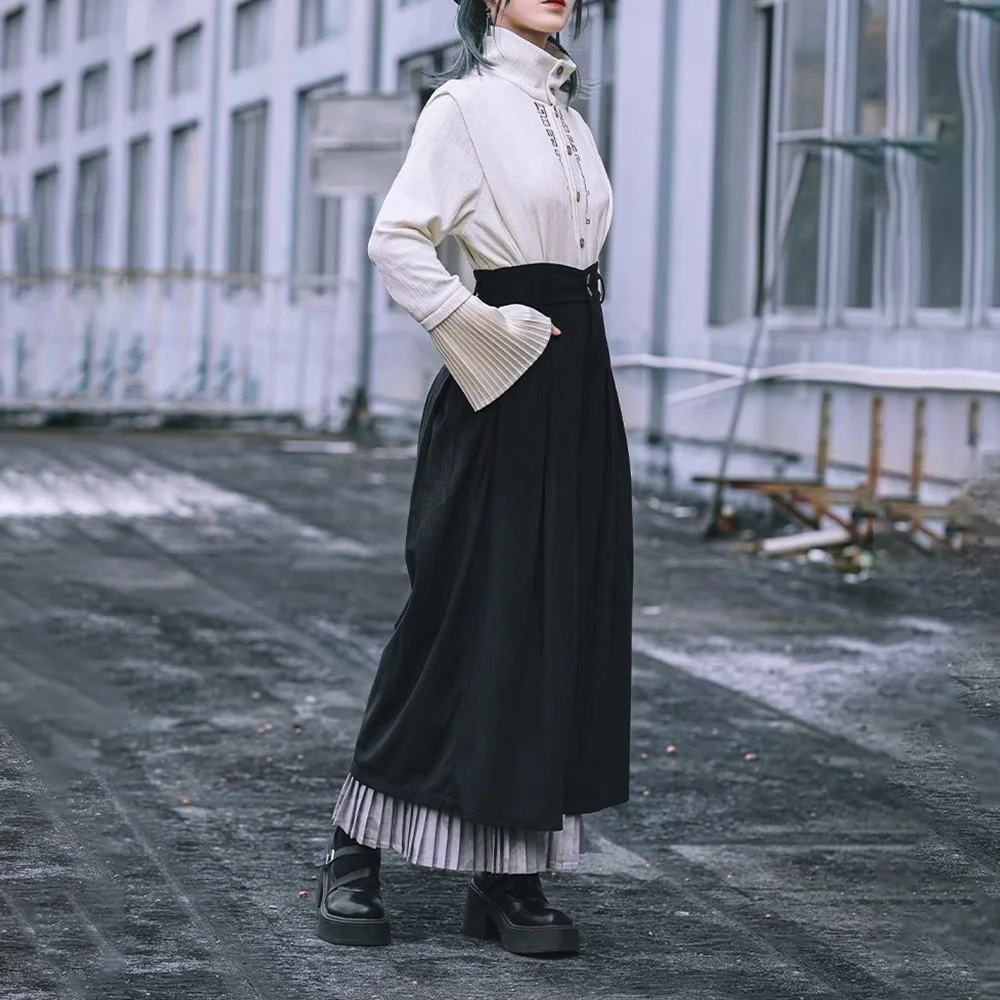 Y2k Dark Gothic Pleated Skirt Pants Spring Genderless Fashion Japanese Campus All-Match Casual Samurai Pants Hakama Unisex 2025