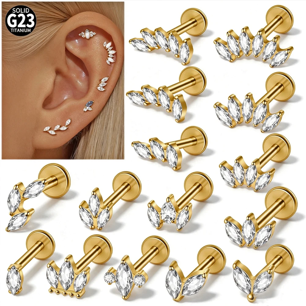 Image of 1 Stück G23 Titan Marquise Zirkon Labret Piercing mit Innengewinde, Gebogener Tragus Helix Daith Conch Ohrring Piercing-Schmuck 16G