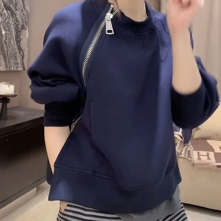 

Fashionable Blue Hoodie Versatile Pullover Niche Top Jacket New Women's Clothing Design with Diagonal Zipper