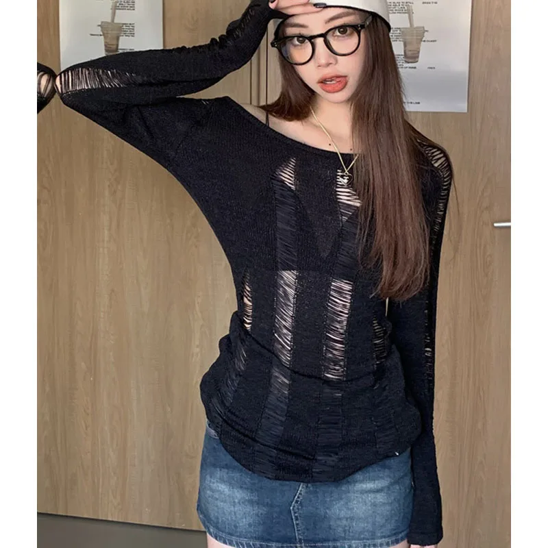 Thin Style Sweet Off Shoulder Spring New Women One Shoulder Long Sleeved Knitting Hollow Out Solid Color Loose All-match Tops