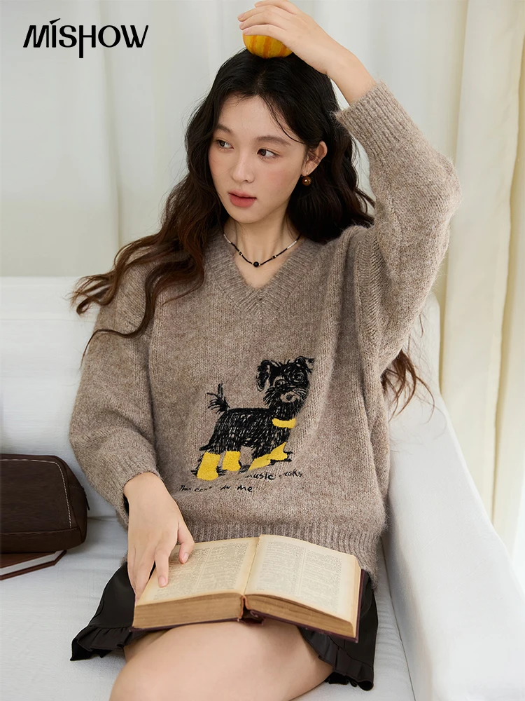 MISHOW Women's Long Sleeve Pullovers 2025 Autumn Winter New Puppy Embroidery Loose Casual V Neck Knit Sweater Luxury  MXE48Z2570
