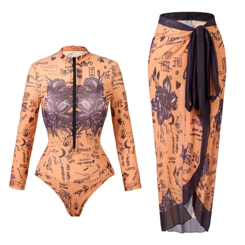 

Mesh Retro Bikini Printed Fashion One Piece Swimsuit And Cover Up With Skirt Tight Women's Bandage Summer Beach Luxury Elegant