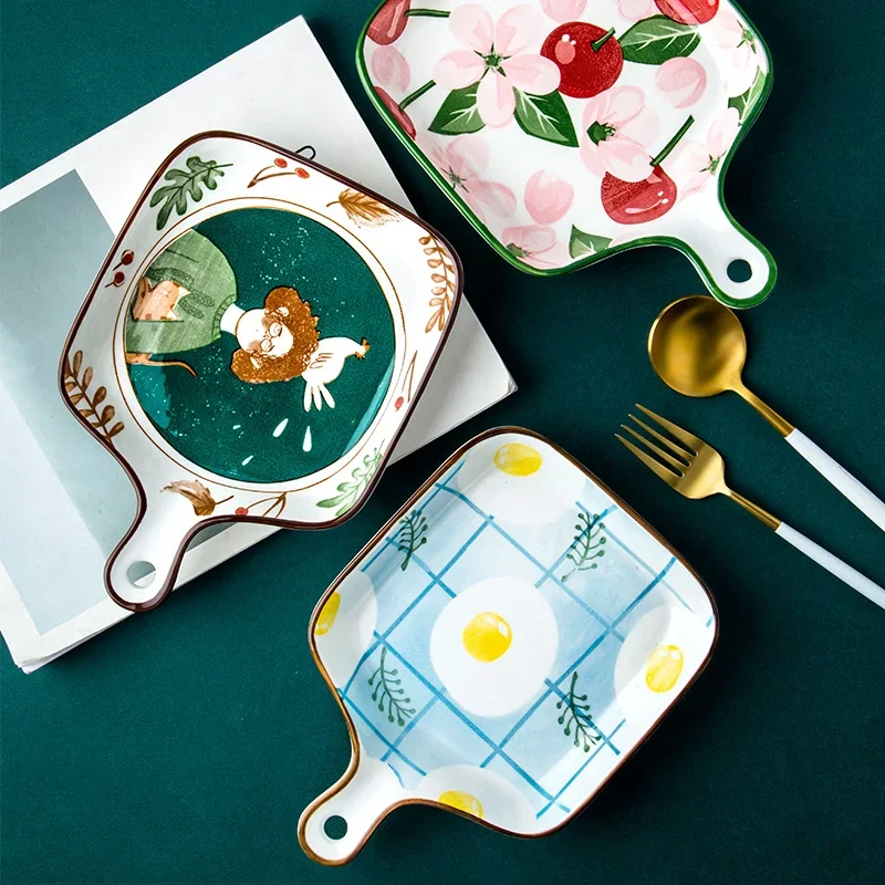 1pc Japanese Style Creative Cute Cartoon Girl Heart Baking Tray Handle Plate Ceramic Tableware for Household Ovens