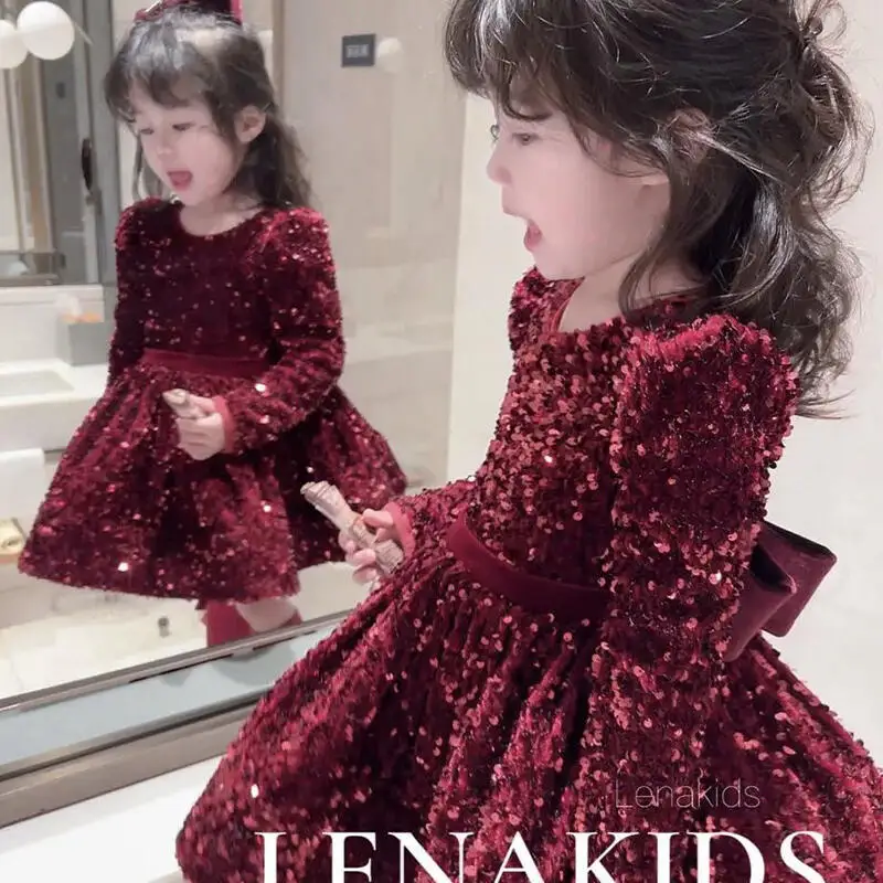 Autumn Winter Girl Party Red Evening Dress Long Sleeves Fleece-Lined Keep Warm Dress Bow Glitter Princess Dress Festival Gift
