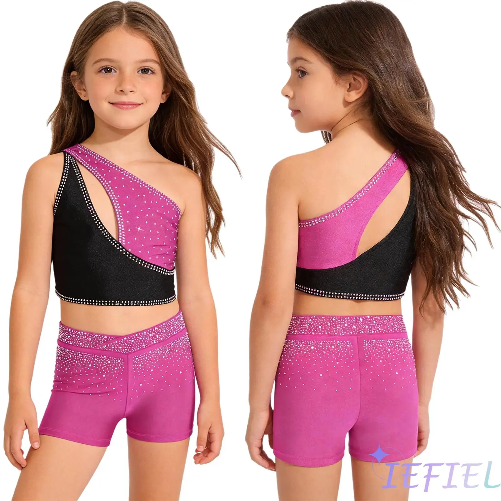 

Girls Gymnastics Ballet Latin Dance Outfit One Shoulder Sleeveless Sparkling Rhinestones Crop Top with Shorts Tango Dancewear