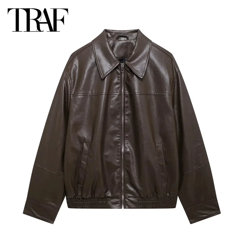 TRAF Faux Leather Jacket Outerwears 2024 Women's Autumn Bomber Jacket Coat Ladies Fashion Brown Black Long Sleeve Oversized Coat