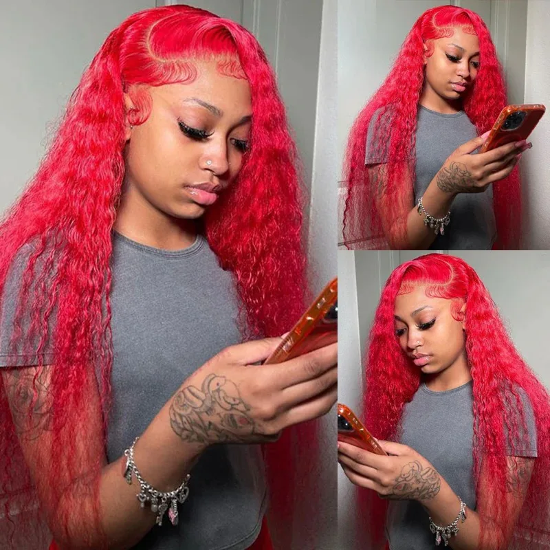 200% Density 13x4 Red Curly Water Deep Wave Lace Frontal Wigs Human Hair 30 40 Inch 13x6 Red Lace Front Human Hair Wig For Women image 4