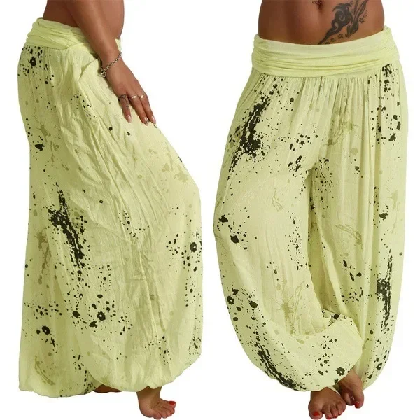 Autumn Women Harem Pants Elastic Waist Pleated Casual Vintage Printing Summer Wide Leg Trousers Streetwear Loose Pant Capris