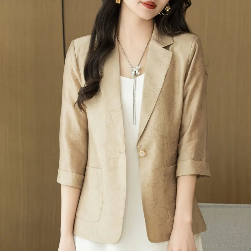 

2024 Spring/Summer New Women's Suit Collar Coat Fashion Silk Split Sleeve Suit Casual Large Size Cardigan Jacket Top Shirt