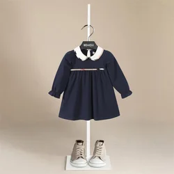 Girls Fall Dress Solid Color Round-Neck Ruffle Striped Long Sleeve Cotton Linen A-line Dress with Back Buttons for Kids 2-7Years