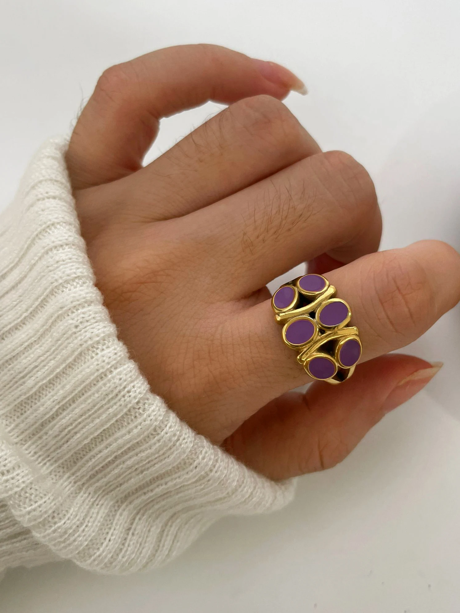 Peri'sbox Vintage 18K Pvd Gold Plated Purple Enamel Rings for Women Fashion Simple Stainless Steel Waterproof Jewelry Daily Wear