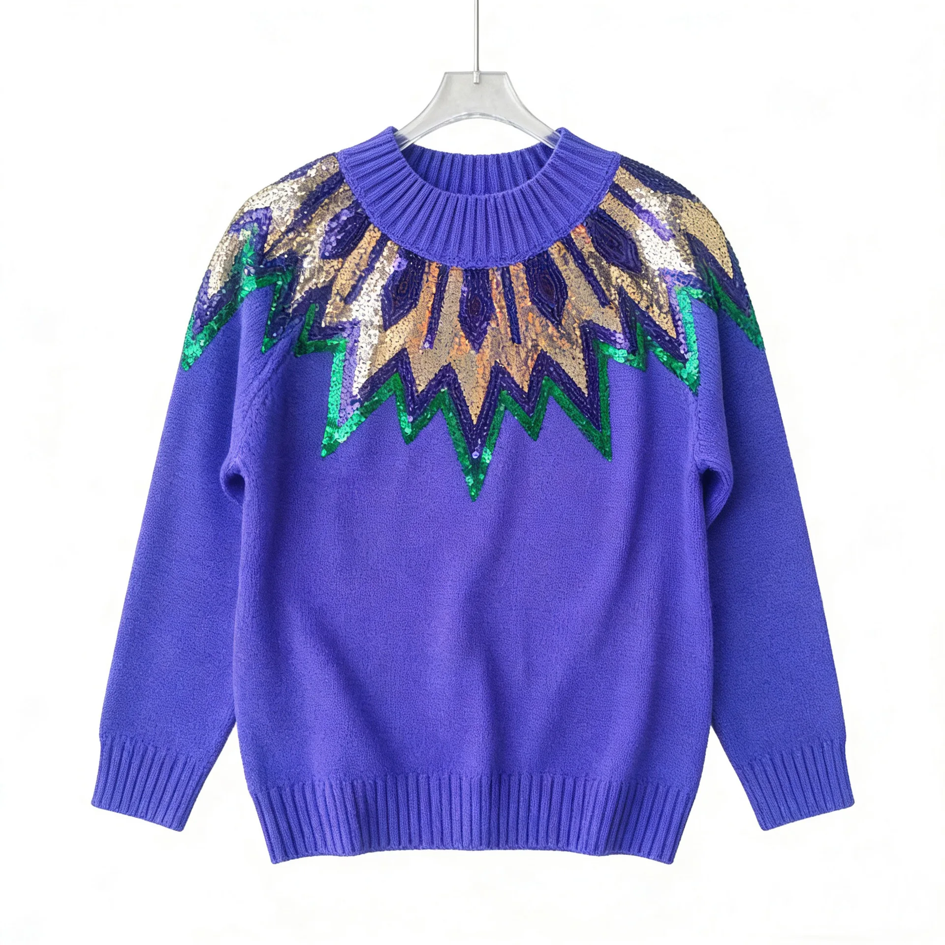 

New Women's Spring Purple Sequin Decorated Pullover Sweater New Party Geometric Pattern Street Style Women