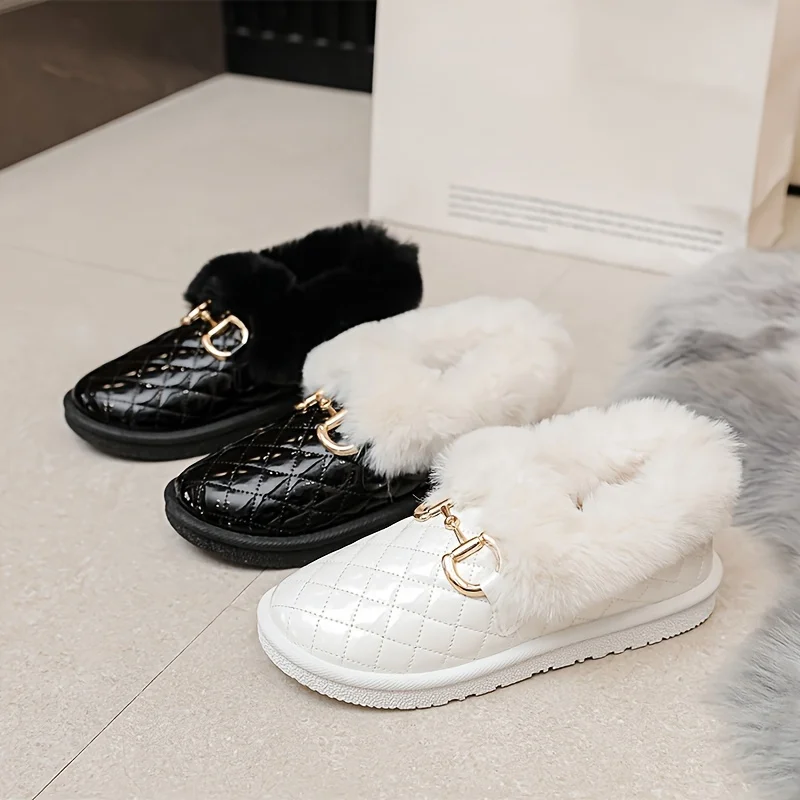 Women's Metallic Buckle Decor Fluffy Loafers Quilted Pattern Soft Sole Platform Shoes Winter Plush Round Toe Snow Shoes