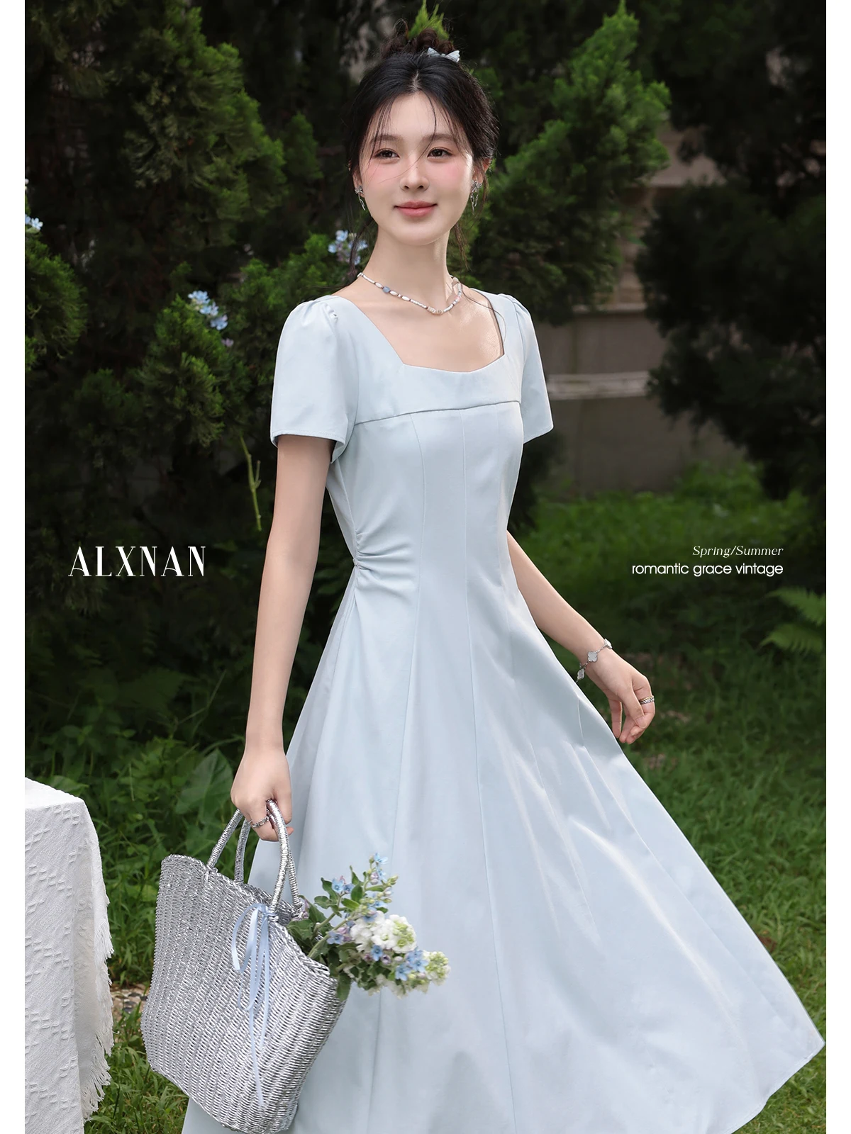 

ALXNAN Women's Long Dress Square Neck Elegant Puff Sleeve Dress Summer Casual Holiday Party Short Sleeve Clothing DYL661826-1