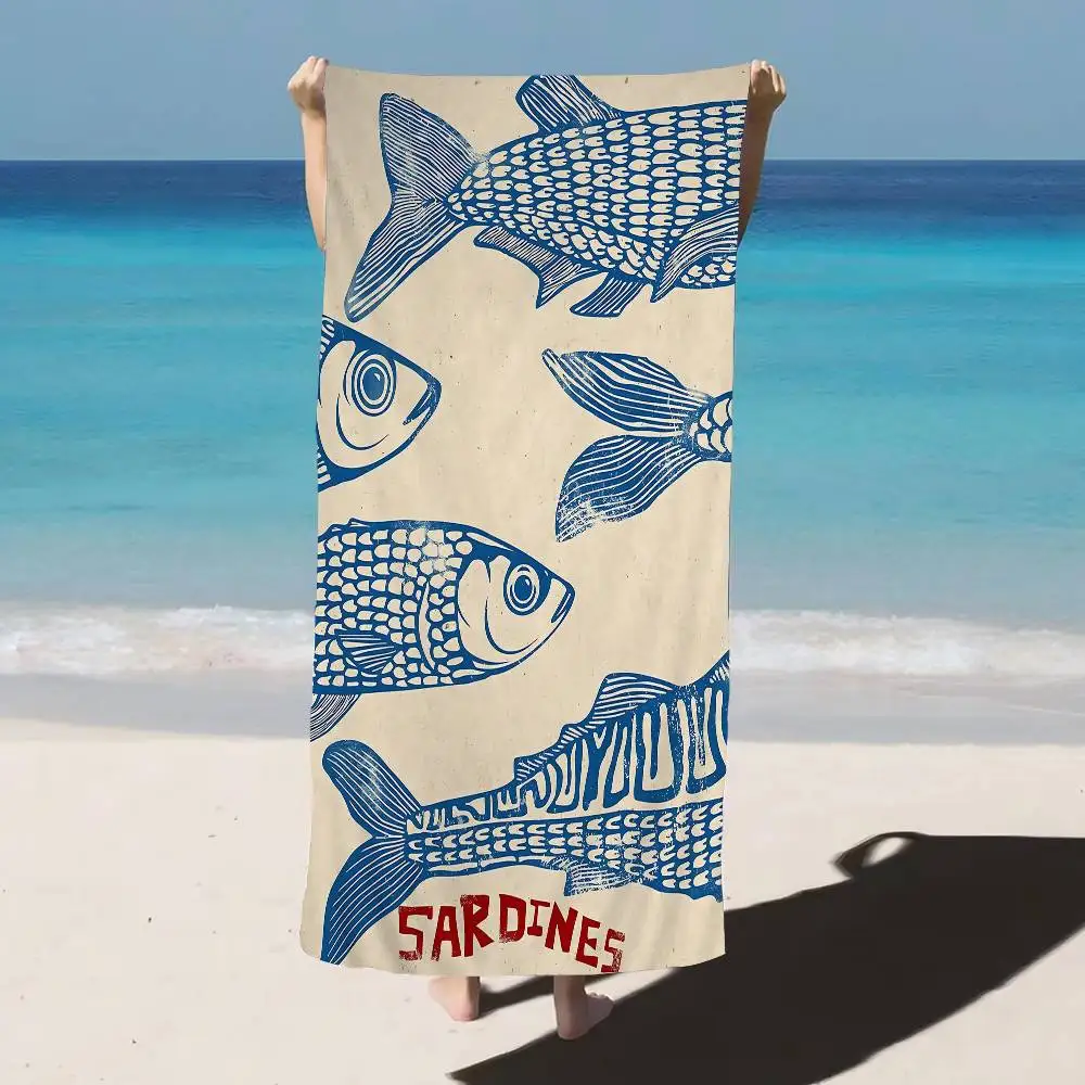 Colorful Sardine Fish Ocean Microfiber Printed Beach Towel Mountain Climbing Yoga Beach Swimming Running Absorbent Soft Towel