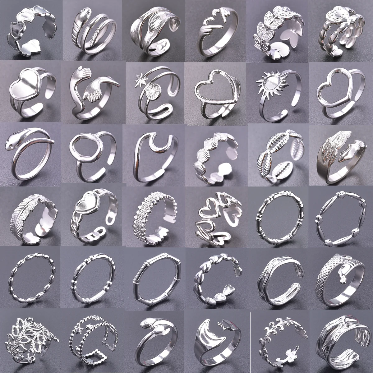 Wholesale 6pcs Steel Color Rings Hug Snake Love Star Moon Shell Leaf Shaped Rings Stainless Steel Women Jewelry Charms No Fade